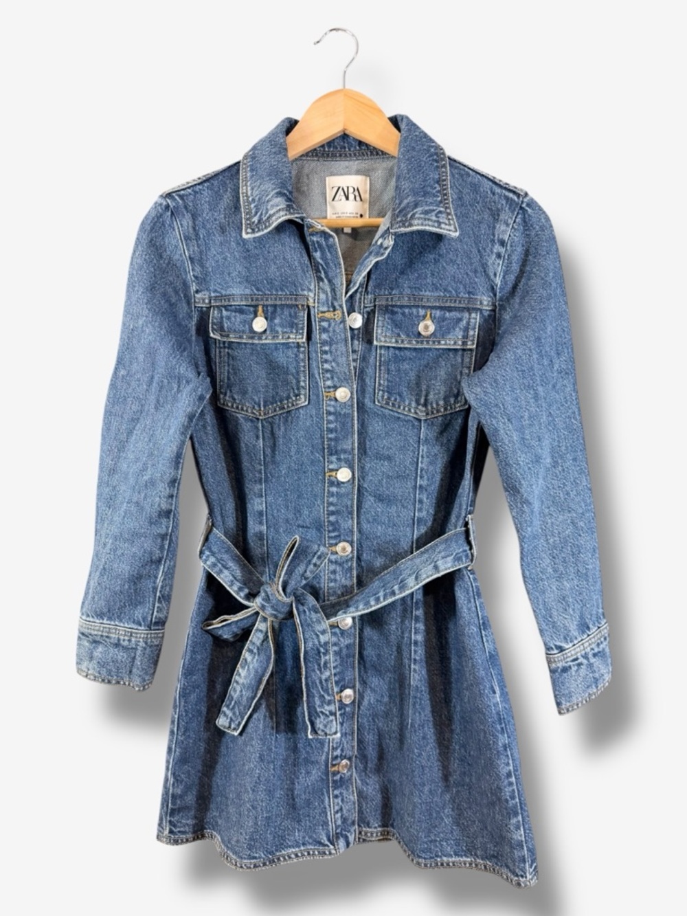 Zara Denim Dress Size S Long Sleeve Button Front Belted Western Casual Boho